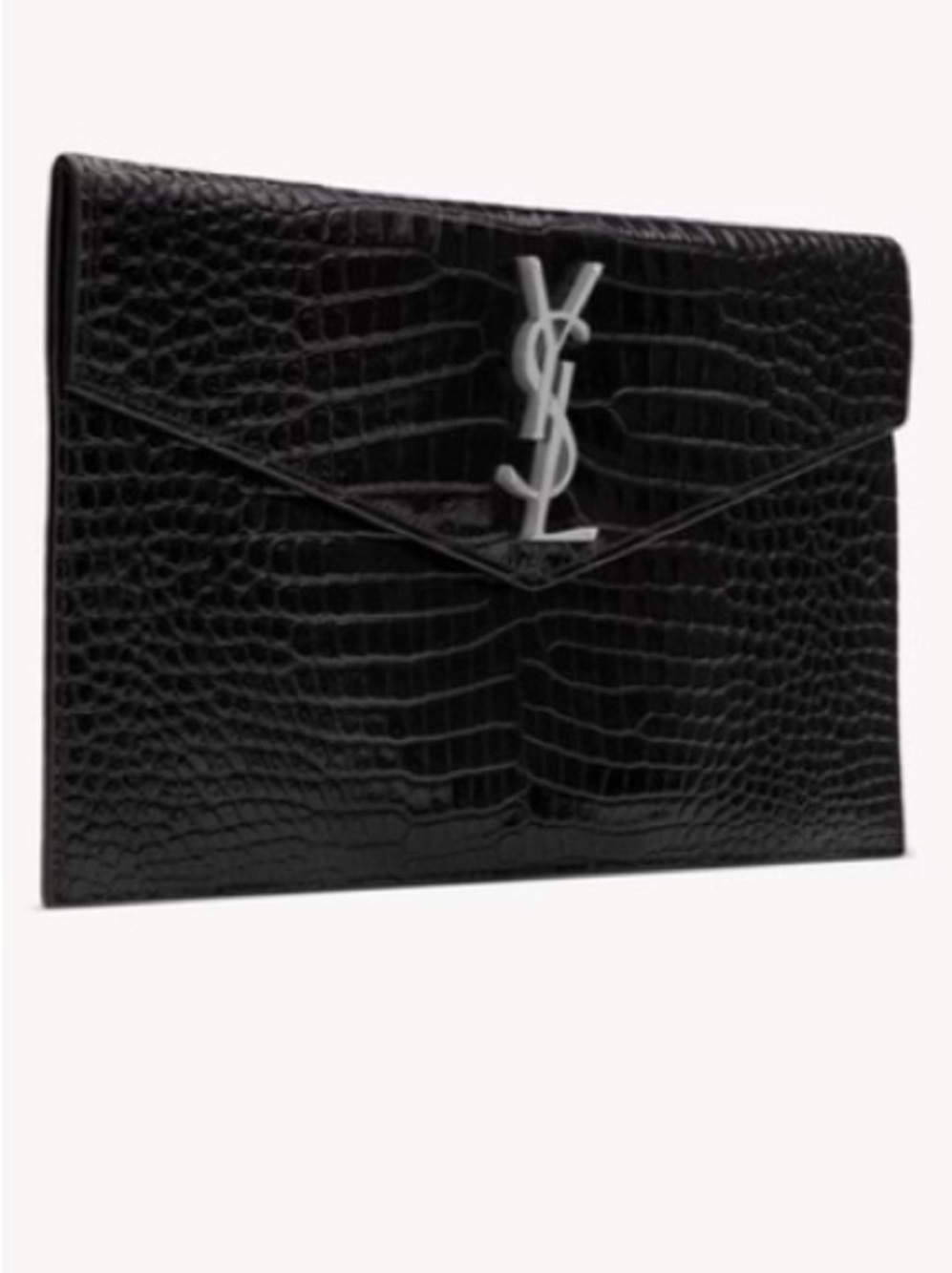 Saint Laurent Black Croc-Embossed YSL Envelope Clutch with Silver Logo - Picture 2 of 5